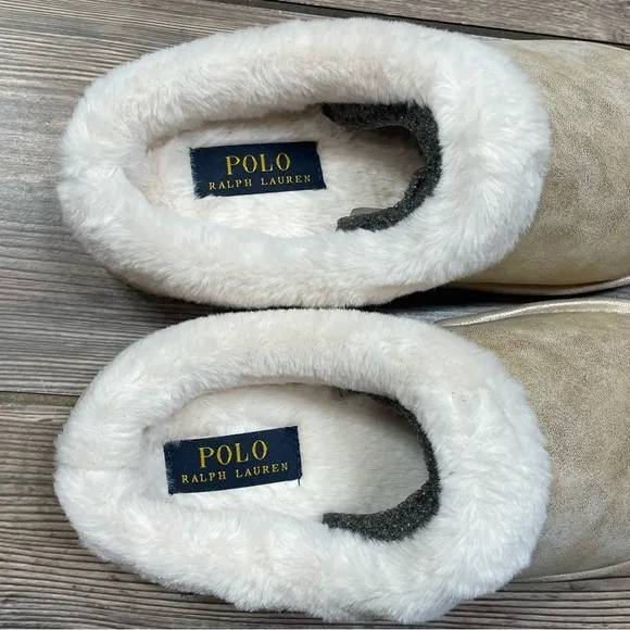 Polo Ralph Lauren‎ Women’s Charlotte Scuff Slippers Memory Foam Gold Size 8 NEW