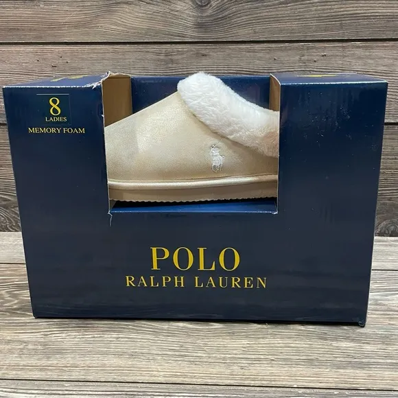 Polo Ralph Lauren‎ Women’s Charlotte Scuff Slippers Memory Foam Gold Size 8 NEW