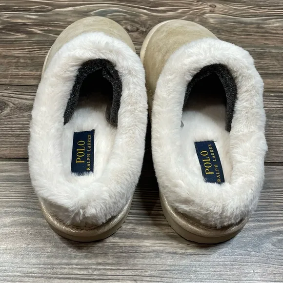 Polo Ralph Lauren‎ Women’s Charlotte Scuff Slippers Memory Foam Gold Size 8 NEW