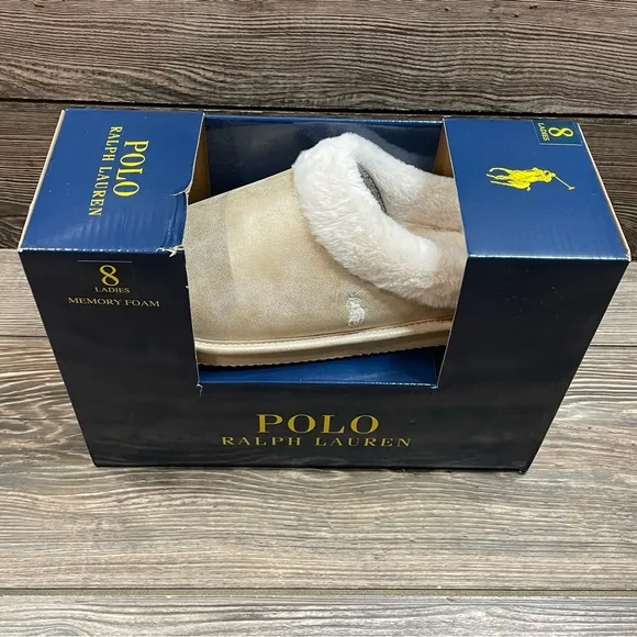 Polo Ralph Lauren‎ Women’s Charlotte Scuff Slippers Memory Foam Gold Size 8 NEW