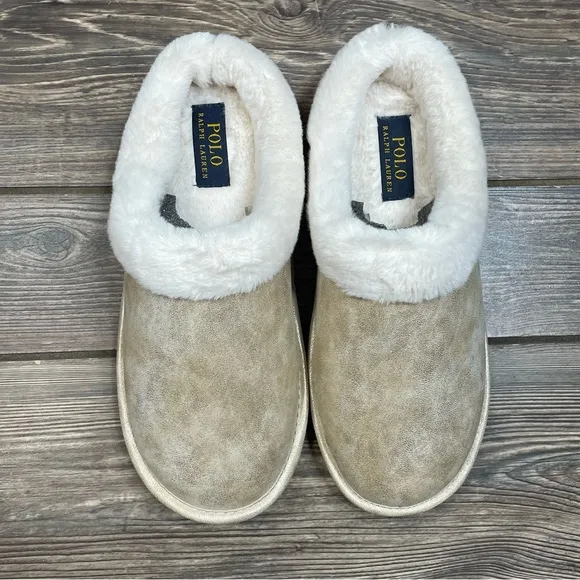 Polo Ralph Lauren‎ Women’s Charlotte Scuff Slippers Memory Foam Gold Size 8 NEW