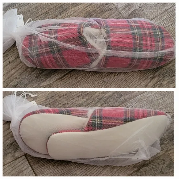Pottery Barn Stewart Tartan Plaid Yarn Dye Flannel Slippers Christmas NWT