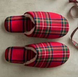 Pottery Barn Stewart Tartan Plaid Yarn Dye Flannel Slippers Christmas NWT