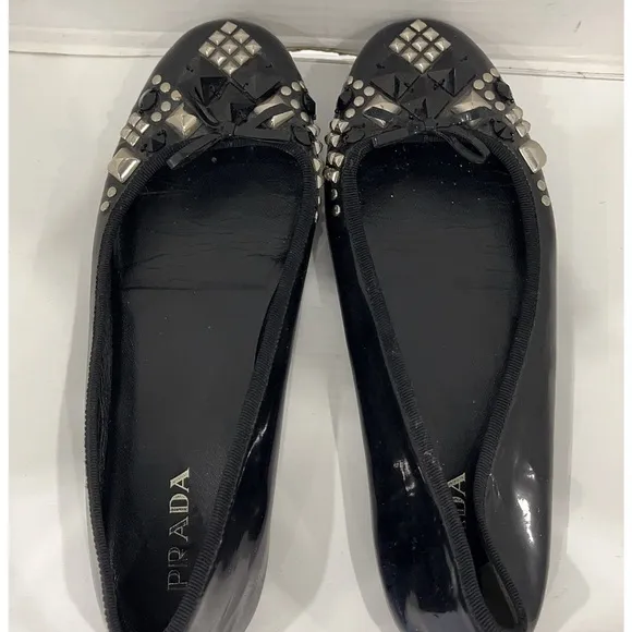 Prada Black Patent Leather Crystal Embellished Flats EU 40