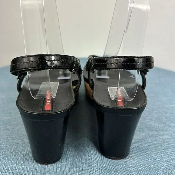 Prada Linea Rossa Patent Leather Colorblock Wedge Sandal Size 7
