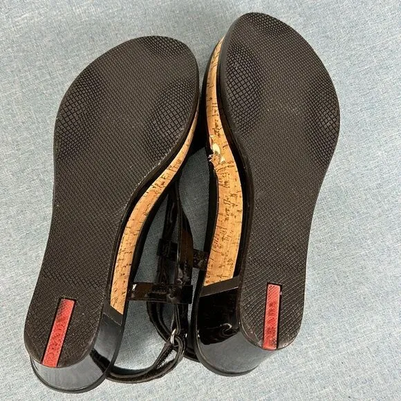Prada Linea Rossa Patent Leather Colorblock Wedge Sandal Size 7