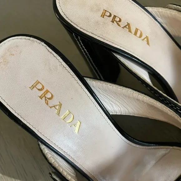 PRADA | Luxury Black Leather White Stitch Criss-Cross Buckle Heel | Size 37.5
