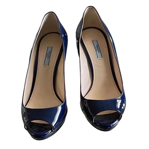 Prada Navy Blue Patent Peep Toe Heels Shoes