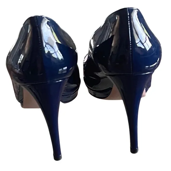 Prada Navy Blue Patent Peep Toe Heels Shoes