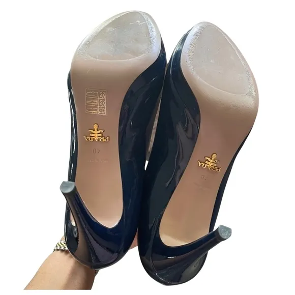 Prada Navy Blue Patent Peep Toe Heels Shoes