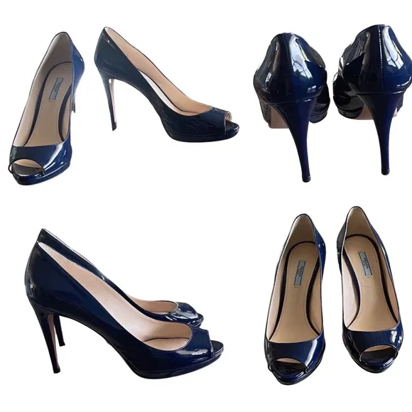 Prada Navy Blue Patent Peep Toe Heels Shoes