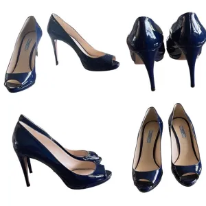 Prada Navy Blue Patent Peep Toe Heels Shoes