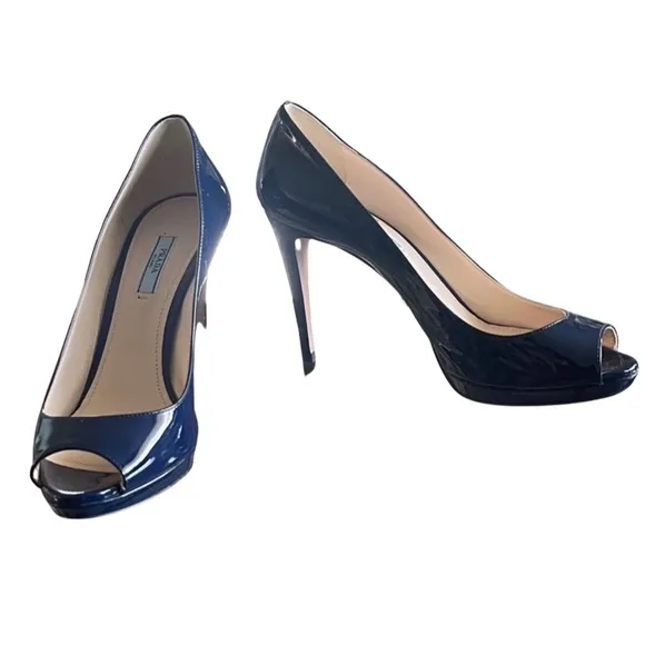 Prada Navy Blue Patent Peep Toe Heels Shoes