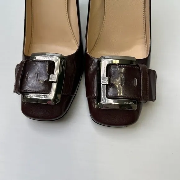 Prada Pump Women 7.5 Leather Patent Italy Buckle Square Heel Shiny Ombre Core Go