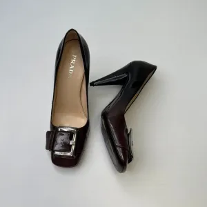 Prada Pump Women 7.5 Leather Patent Italy Buckle Square Heel Shiny Ombre Core Go