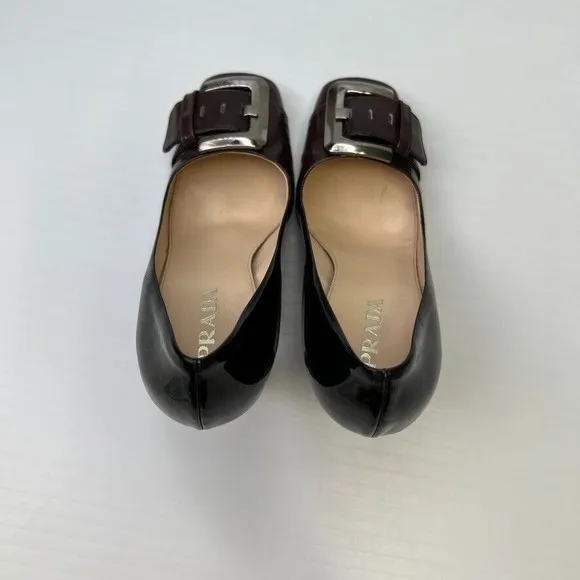 Prada Pump Women 7.5 Leather Patent Italy Buckle Square Heel Shiny Ombre Core Go
