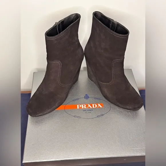 PRADA !! Sport Black (Nero) Suede Wedge Mid Ankle Boot Women's Bootie 41 / 10US