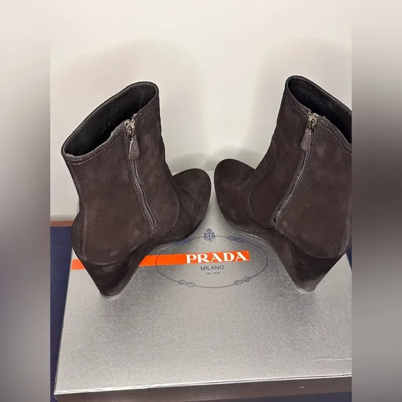 PRADA !! Sport Black (Nero) Suede Wedge Mid Ankle Boot Women's Bootie 41 / 10US