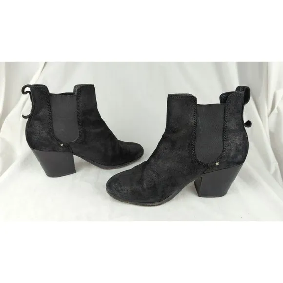 Rag &amp; Bone NY Devon Black Suede Ankle Boots Booties Heels Stretch Leather 7.5 38