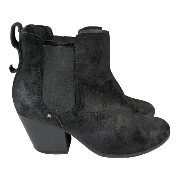 Rag &amp; Bone NY Devon Black Suede Ankle Boots Booties Heels Stretch Leather 7.5 38