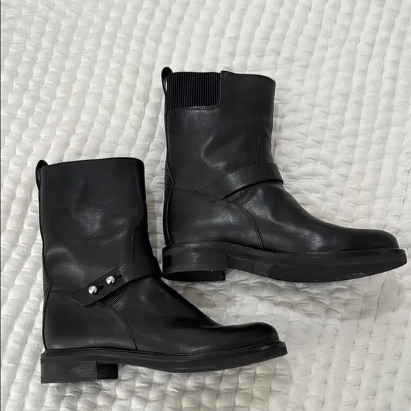 Rag &amp; Bone Slayton moto boot. Black Leather Mid-Calf Boots with Silver Details
