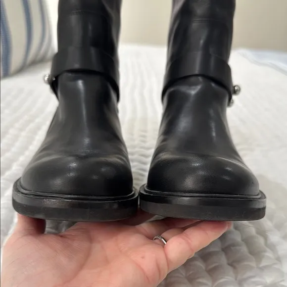 Rag &amp; Bone Slayton moto boot. Black Leather Mid-Calf Boots with Silver Details