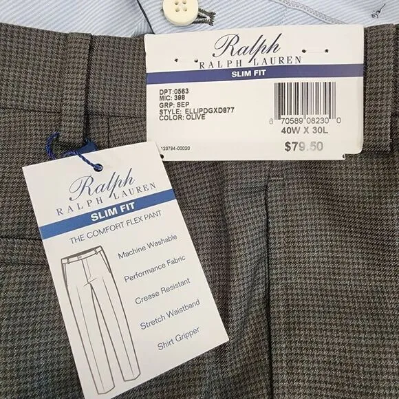 Ralph Lauren Size 40x30 Men's Comfort Flex Flat Front Slim Fit Dress Pants Olive