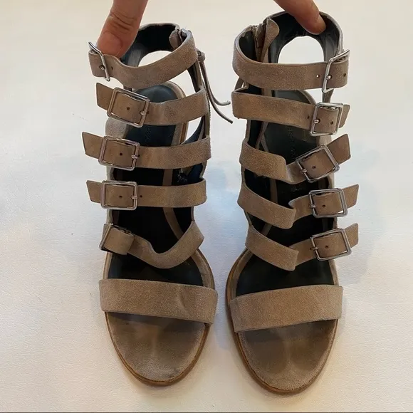 Rebecca Minkoff Open Toe Suede Buckle Booties