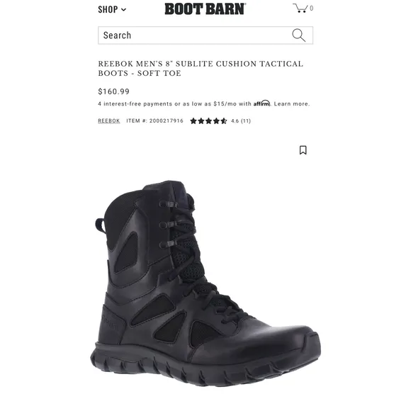 Reebok Mens Tactical Waterproof 8&quot; Sublite Cushion Work Boots 9W men 11 women's