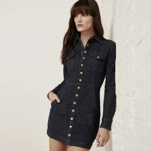 Reformation Hartley Gravel Dark Wash Denim Button Up Mini Dress