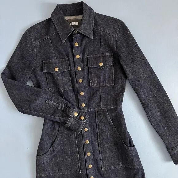 Reformation Hartley Gravel Dark Wash Denim Button Up Mini Dress