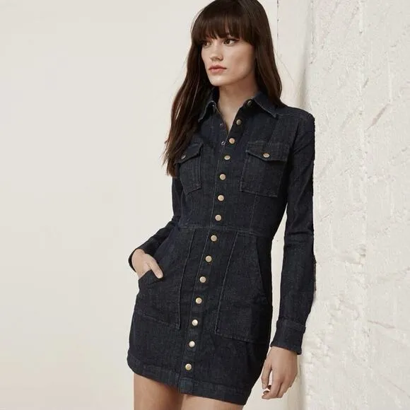 Reformation Hartley Gravel Dark Wash Denim Button Up Mini Dress
