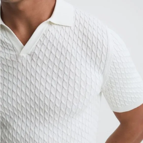 Reiss white cream cable knit v neck polo shirt