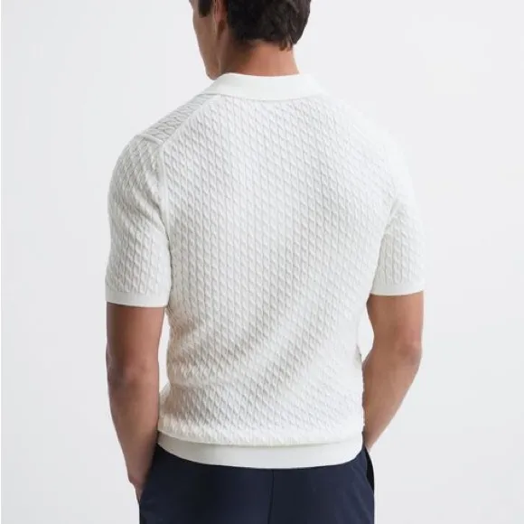 Reiss white cream cable knit v neck polo shirt