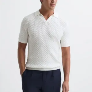 Reiss white cream cable knit v neck polo shirt