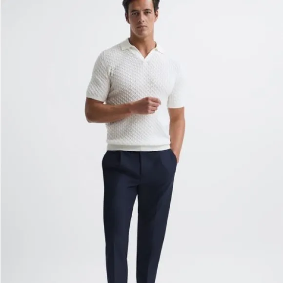 Reiss white cream cable knit v neck polo shirt