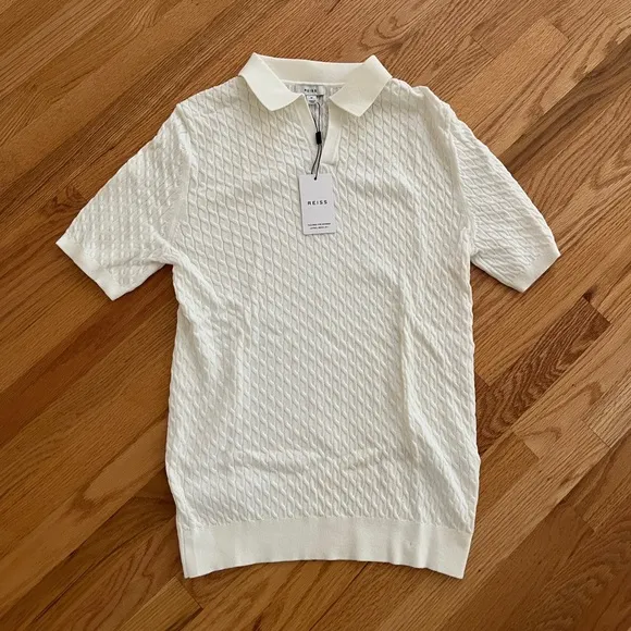 Reiss white cream cable knit v neck polo shirt