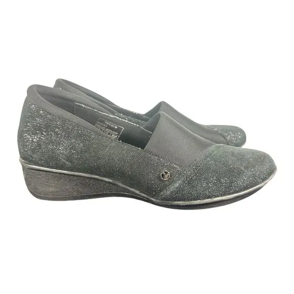 Revere Women's Slip-On Wedge Shoes Size 7M Glitter Midnight Black Leather Naples