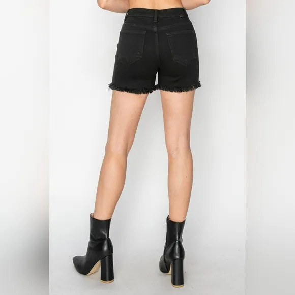 RISEN Black Cut-off Frayed High Rise Distressed Denim Mid-length Jean Shorts