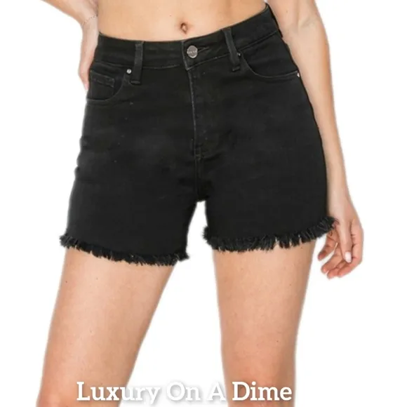RISEN Black Cut-off Frayed High Rise Distressed Denim Mid-length Jean Shorts