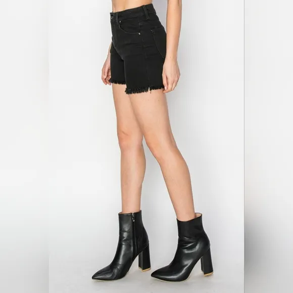RISEN Black Cut-off Frayed High Rise Distressed Denim Mid-length Jean Shorts