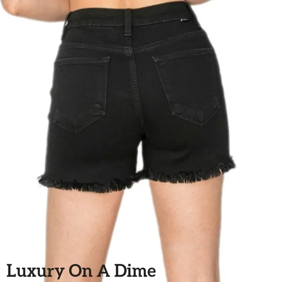 RISEN Black Cut-off Frayed High Rise Distressed Denim Mid-length Jean Shorts