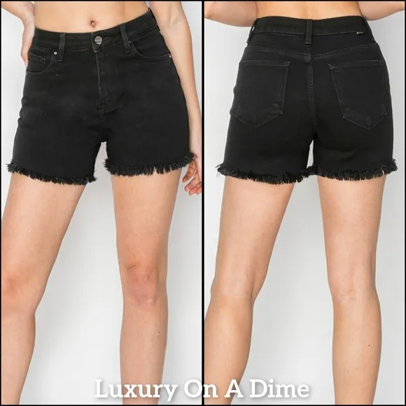 RISEN Black Cut-off Frayed High Rise Distressed Denim Mid-length Jean Shorts