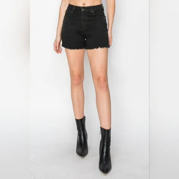 RISEN Black Cut-off Frayed High Rise Distressed Denim Mid-length Jean Shorts
