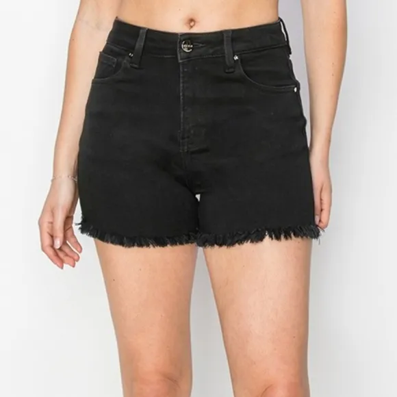RISEN Black Cut-off Frayed High Rise Distressed Denim Mid-length Jean Shorts