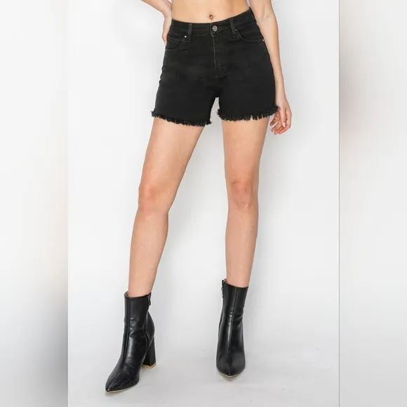 RISEN Black Cut-off Frayed High Rise Distressed Denim Mid-length Jean Shorts