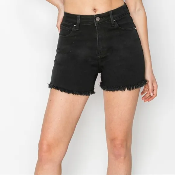 RISEN Black Cut-off Frayed High Rise Distressed Denim Mid-length Jean Shorts