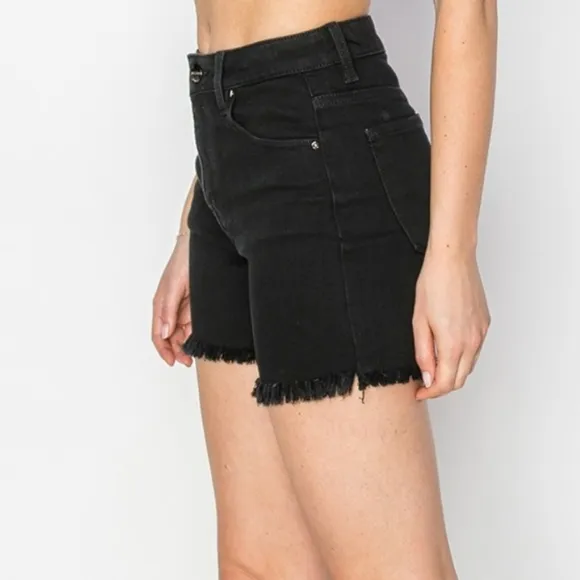 RISEN Black Cut-off Frayed High Rise Distressed Denim Mid-length Jean Shorts
