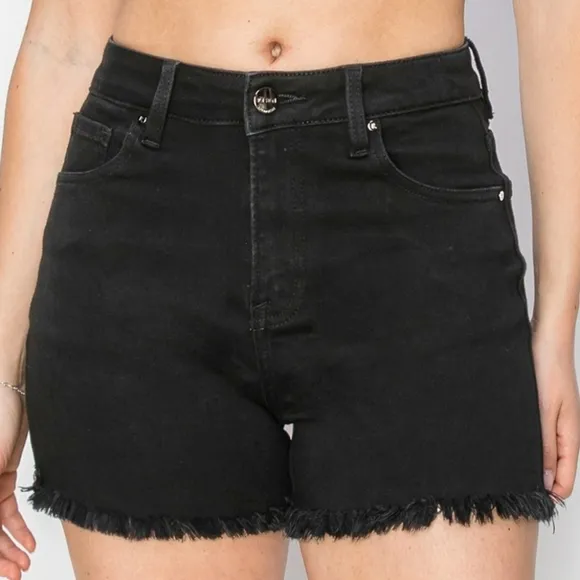 RISEN Black Cut-off Frayed High Rise Distressed Denim Mid-length Jean Shorts