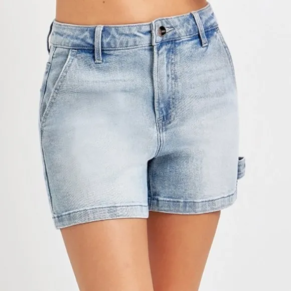 RISEN High Rise Denim Retro 90s Hammer Loop Carpenter Mid-Length Jean Shorts